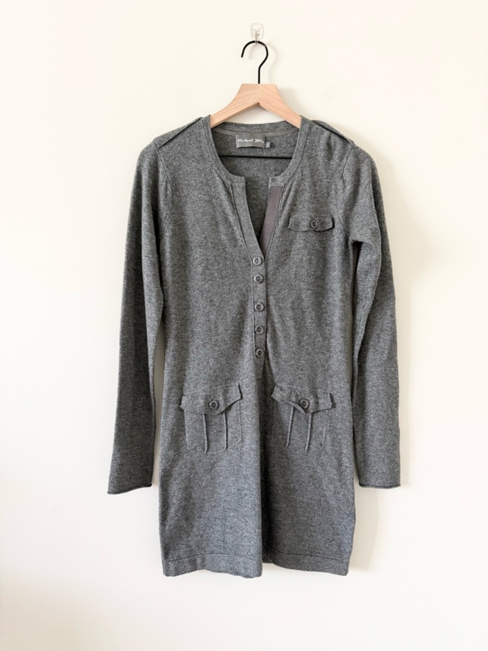 Michael Stars Long Sleeve Gray Knit Button Top Dress Cashmere Wool Blend Size 1